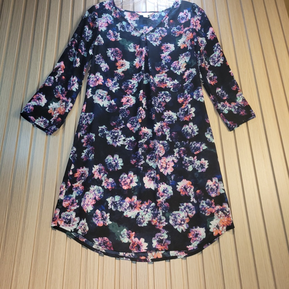 Decree Floral V-Neck Shift Dress Womens XS Navy Purple 3/4 Sleeve Mini Casual
